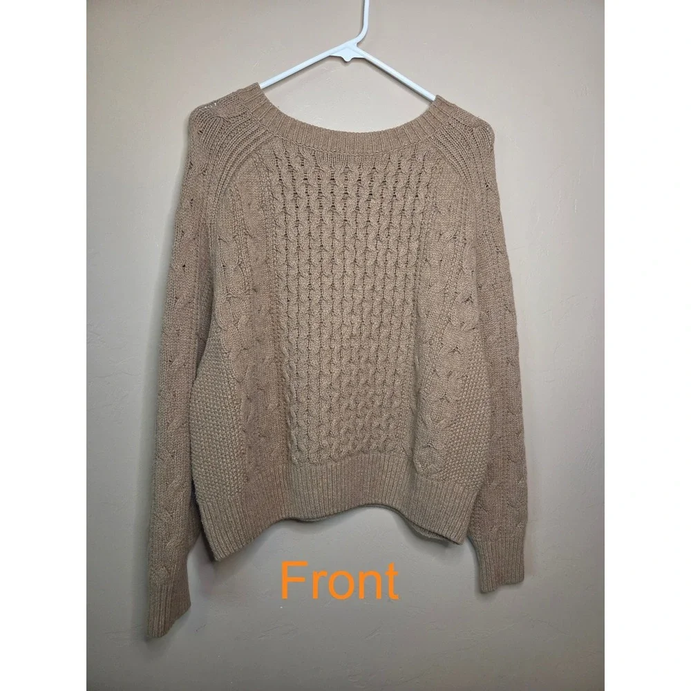 Women's Tan Cable Knit Raglan Sweater Cotton Wool Blend L